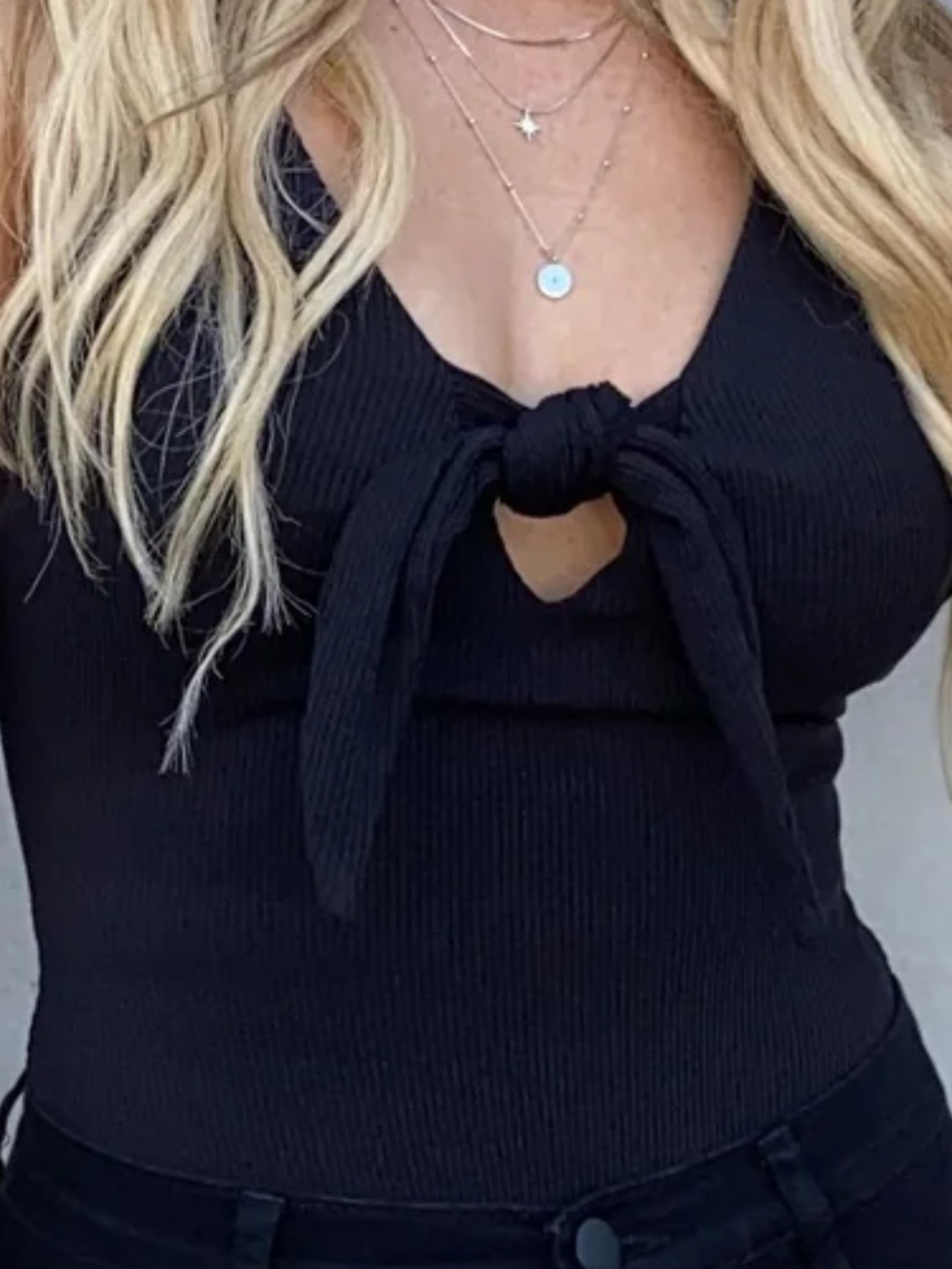 Dainty Hooligan Black Ribbed Tie-Front Bodysuit